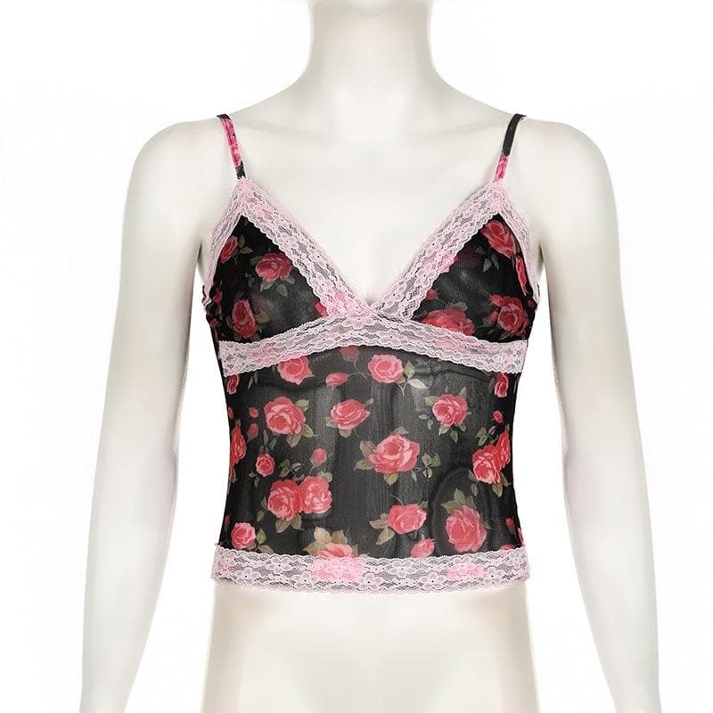 V-Neck Lace Hem Backless Rose Print Mesh Cami Top - Y2K Aesthetic Cute Crop Top