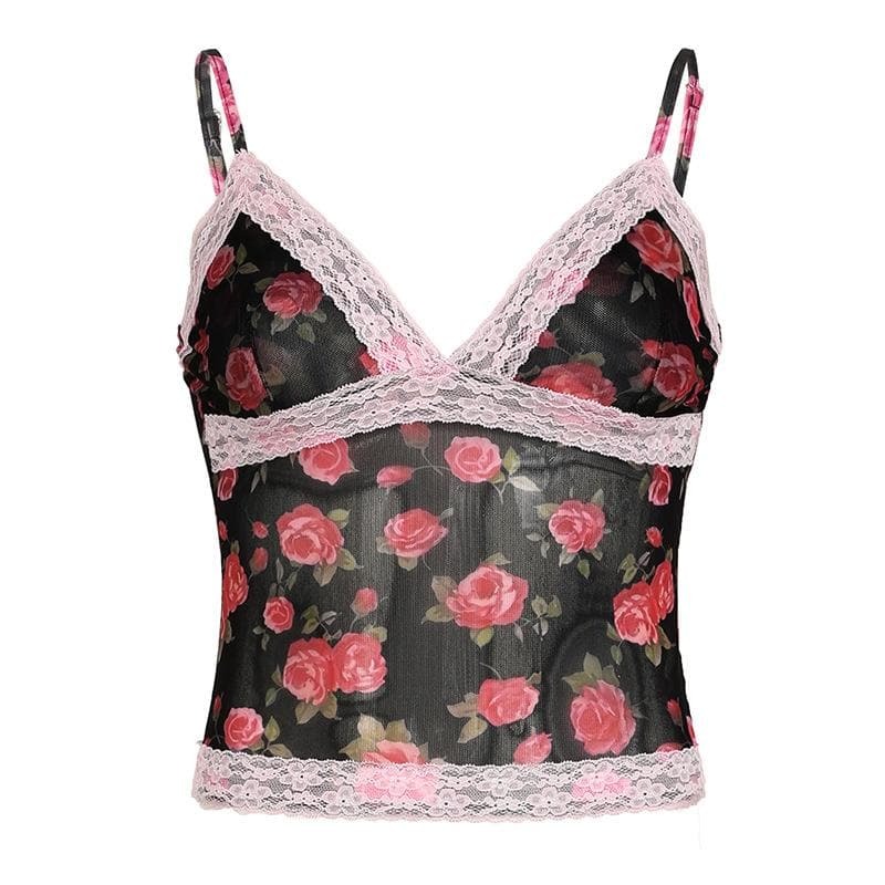 V-Neck Lace Hem Backless Rose Print Mesh Cami Top - Y2K Aesthetic Cute Crop Top