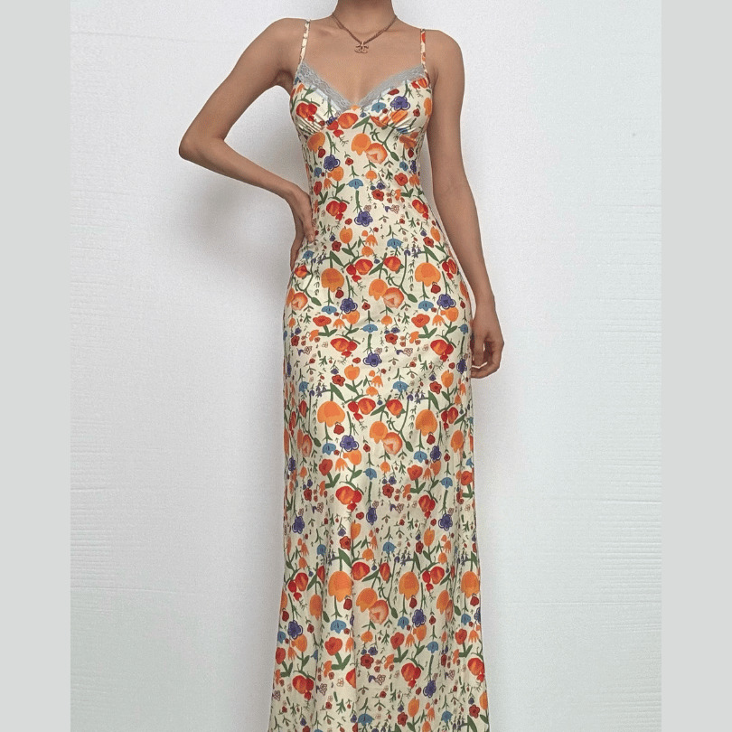 V-Neck Lace Hem Knotted Cami Maxi Dress - Y2K Aesthetic, Coquette Style, Cute & Comfy
