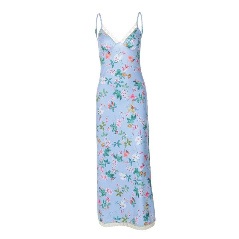 V-Neck Lace Hem Knotted Cami Maxi Dress - Y2K Aesthetic, Coquette Style, Cute & Comfy