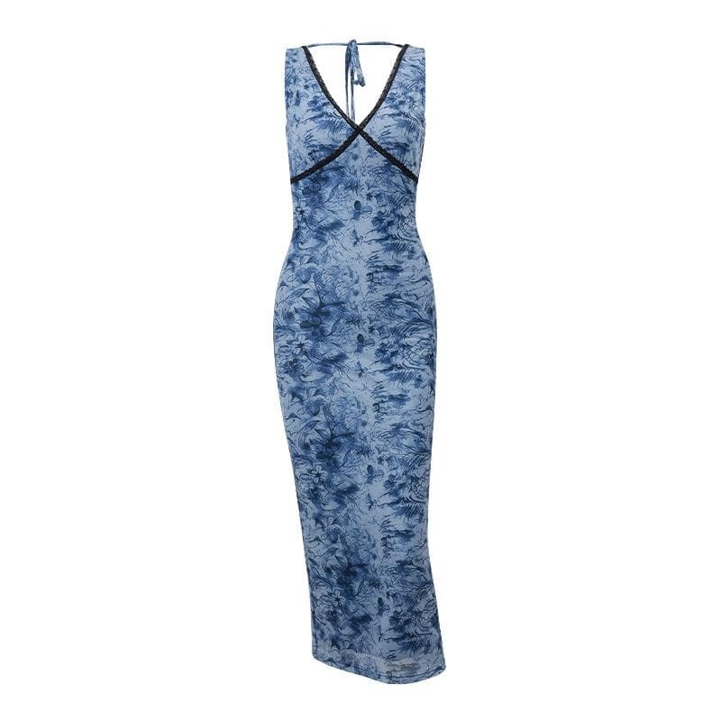 V-Neck Lace Hem Mesh Midi Dress - Y2K Aesthetic, Coquette Style, Cute & Comfy Fashion