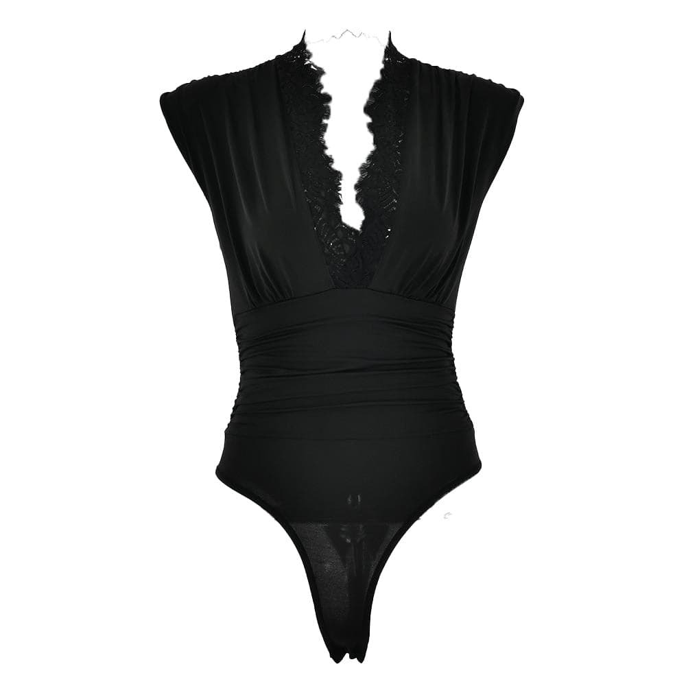 V-Neck Lace Hem Ruched Bodysuit - Y2K Fashion, Coquette Aesthetic, Cute Tops