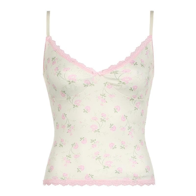 V-Neck Lace Hem Ruched Bowknot Cami Top - Y2K Floral Aesthetic Cute Top for Coquette Style