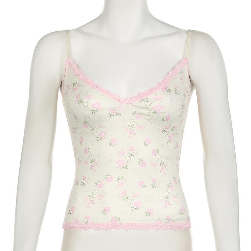 V-Neck Lace Hem Ruched Bowknot Cami Top - Y2K Floral Aesthetic Cute Top for Coquette Style