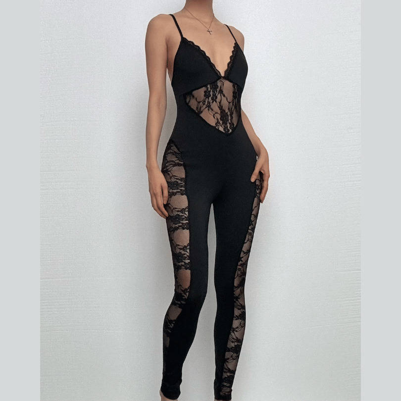 V-Neck Lace Patchwork Cross Back Cami Jumpsuit - Y2K Aesthetic, Coquette Style, Cute Outfit