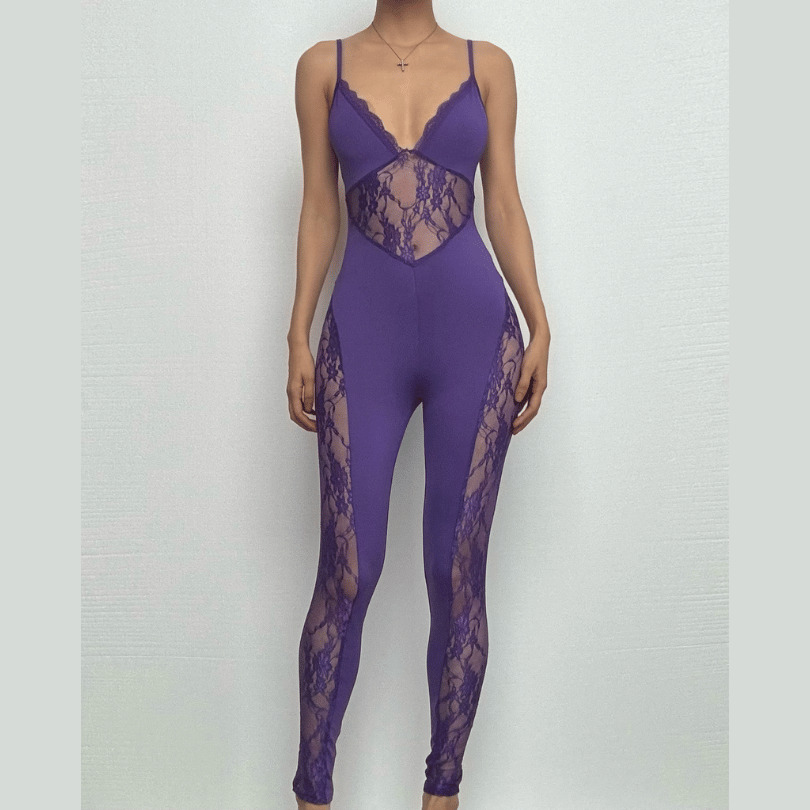 V-Neck Lace Patchwork Cross Back Cami Jumpsuit - Y2K Aesthetic, Coquette Style, Cute Outfit