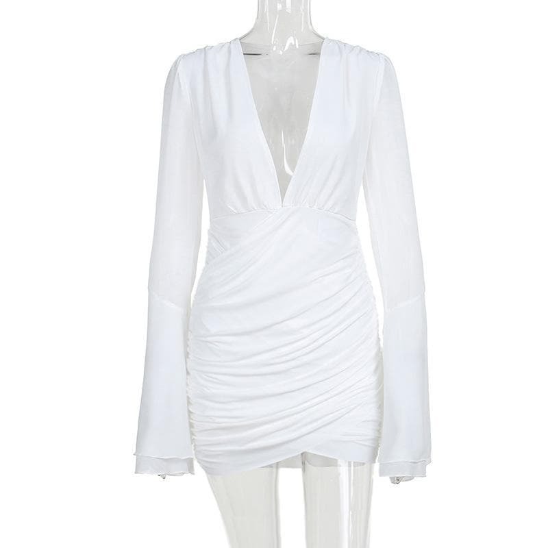 V-Neck Long Flared Sleeve Ruched Mini Dress - Y2K Aesthetic, Coquette Style, Cute Outfits