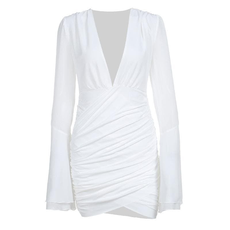 V-Neck Long Flared Sleeve Ruched Mini Dress - Y2K Aesthetic, Coquette Style, Cute Outfits
