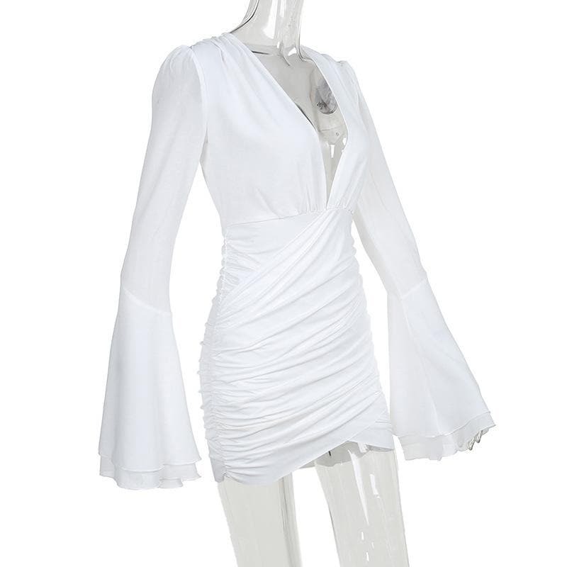 V-Neck Long Flared Sleeve Ruched Mini Dress - Y2K Aesthetic, Coquette Style, Cute Outfits