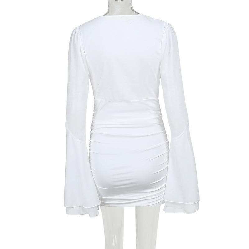V-Neck Long Flared Sleeve Ruched Mini Dress - Y2K Aesthetic, Coquette Style, Cute Outfits