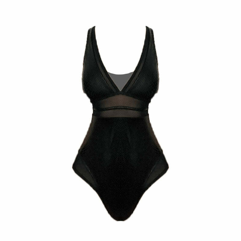 V-Neck Mesh Snake Print One-Piece Swimsuit - Y2K Aesthetic Swimwear for Trendy Looks