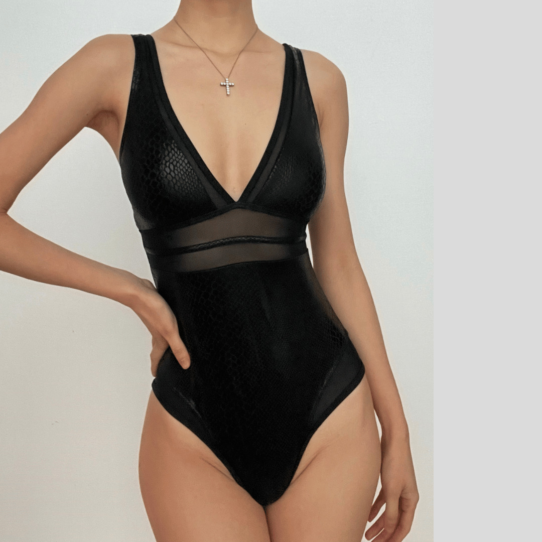 V-Neck Mesh Snake Print One-Piece Swimsuit - Y2K Aesthetic Swimwear for Trendy Looks