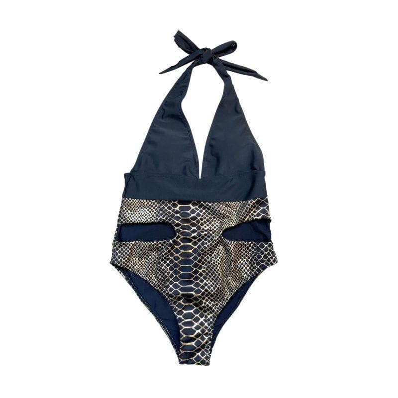 V-Neck Padded Halter Snakeskin One-Piece Swimsuit - Y2K Aesthetic Swimwear for Trendy Looks