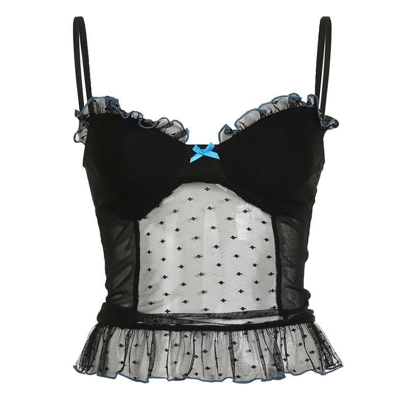 V-Neck Polka Dot Bowknot Mesh Ruffle Cami Top - Y2K Aesthetic Cute Crop for Coquette Style