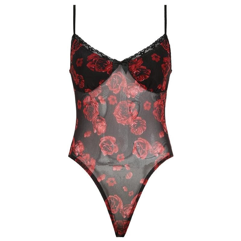 V-Neck Rose Print Bowknot Mesh Cami Top - Y2K Aesthetic Cute Top for Coquette & Grunge Styles