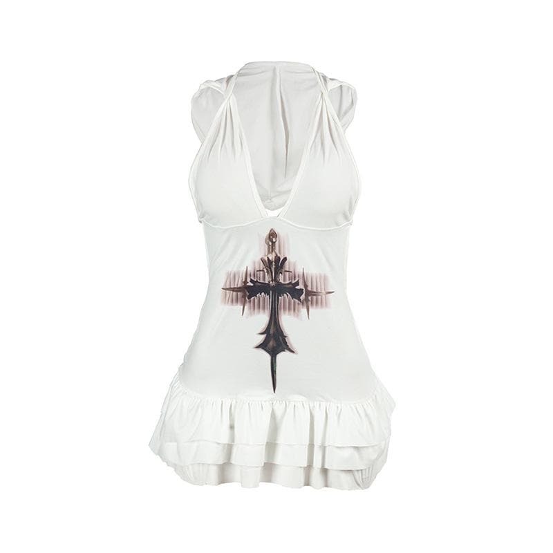 V-Neck Ruched Cross Print Mini Dress - Y2K Aesthetic Hoodie Dress for Cute Outfits