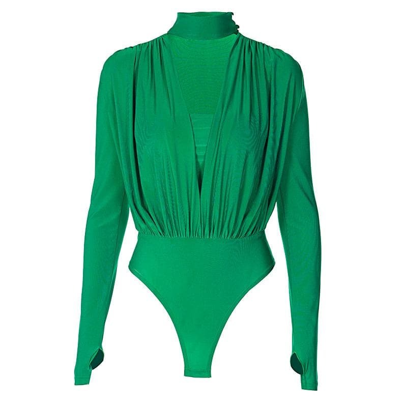 V-Neck Ruched Long Sleeve Bodysuit - Y2K Aesthetic Top for Coquette & Grunge Styles