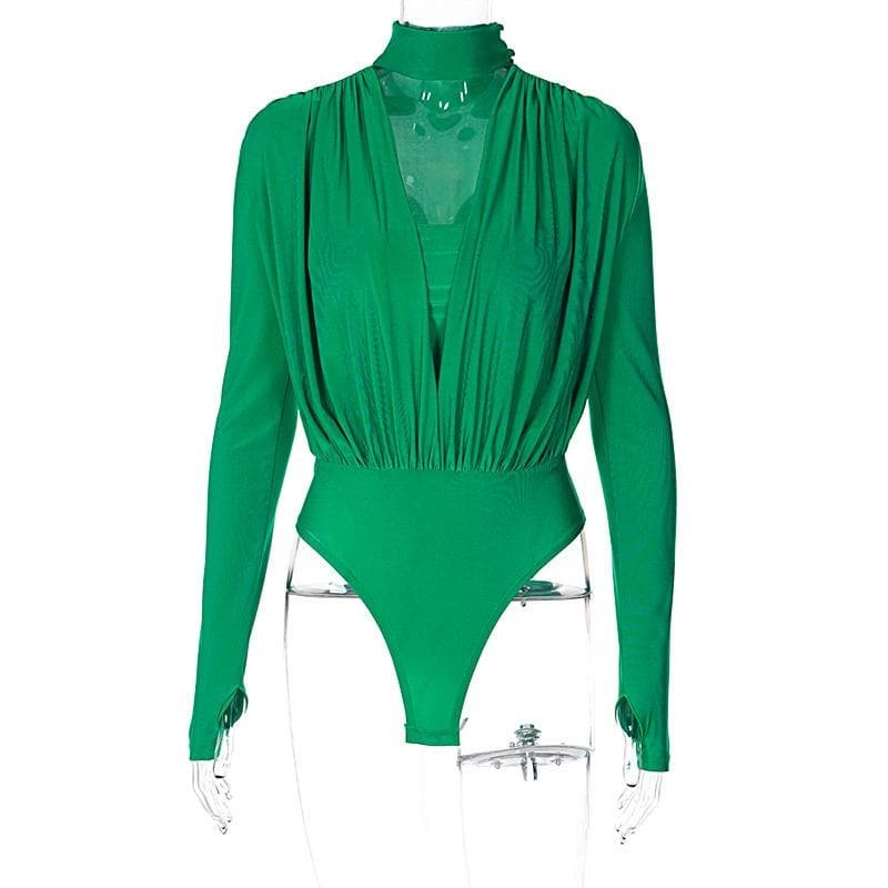 V-Neck Ruched Long Sleeve Bodysuit - Y2K Aesthetic Top for Coquette & Grunge Styles