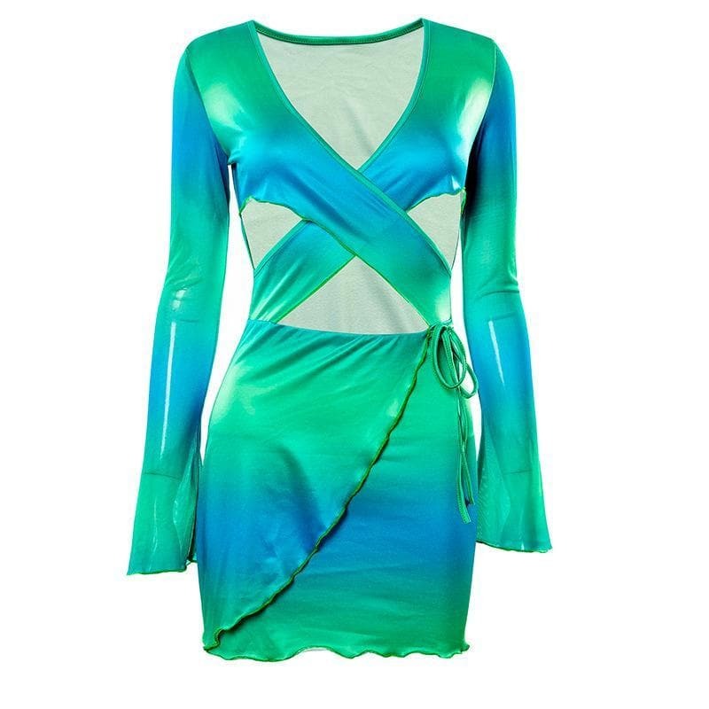 V-Neck Ruffled Print Dress with Hollow Out Cross Front - Y2K Coquette Aesthetic Style