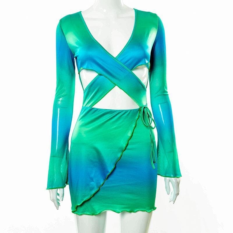 V-Neck Ruffled Print Dress with Hollow Out Cross Front - Y2K Coquette Aesthetic Style