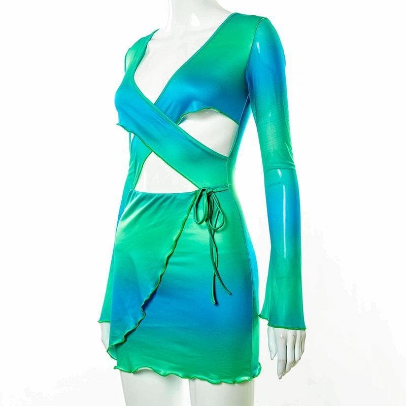 V-Neck Ruffled Print Dress with Hollow Out Cross Front - Y2K Coquette Aesthetic Style