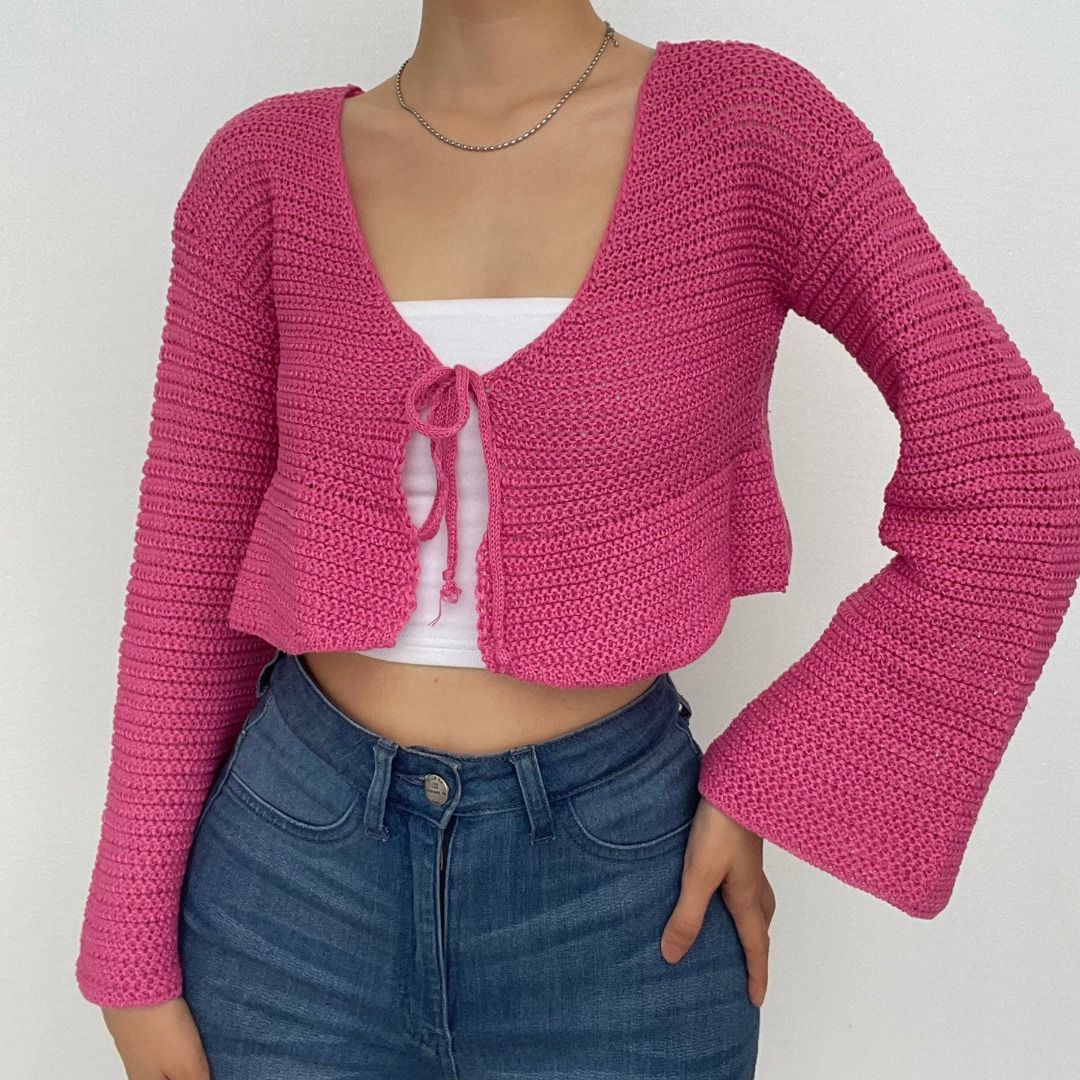 V-Neck Self-Tie Knit Crochet Long Sleeve Crop Top - Y2K Aesthetic Cute Top for Grunge & Coquette Styles