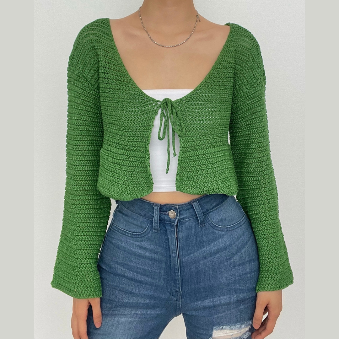 V-Neck Self-Tie Knit Crochet Long Sleeve Crop Top - Y2K Aesthetic Cute Top for Grunge & Coquette Styles