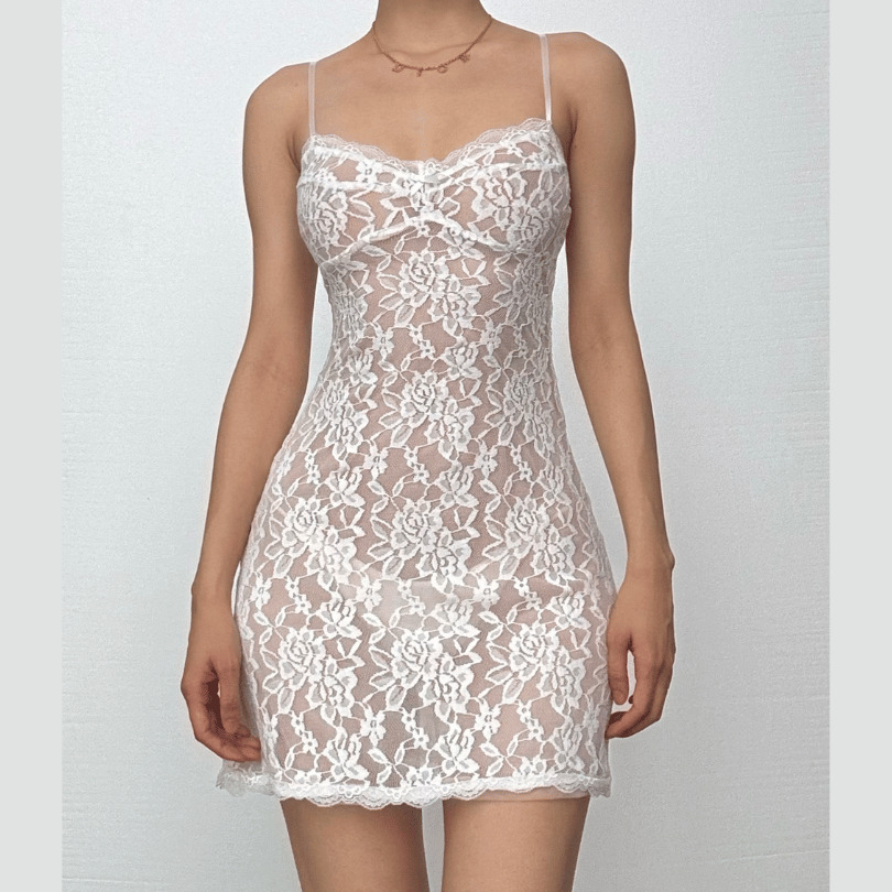 V-Neck Sheer Lace Bowknot Cami Mini Dress - Y2K Coquette Aesthetic for Cute Outfits