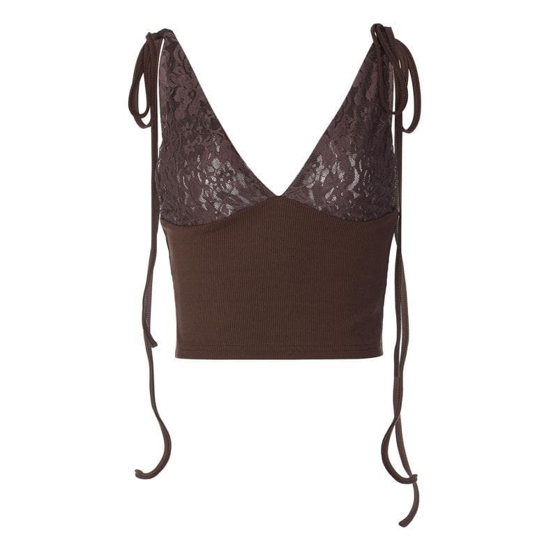 V-Neck Sheer Lace Ribbed Ruched Backless Top - Y2K Fashion & Coquette Aesthetic
