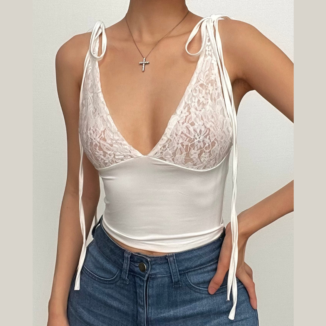 V-Neck Sheer Lace Ribbed Ruched Backless Top - Y2K Fashion & Coquette Aesthetic