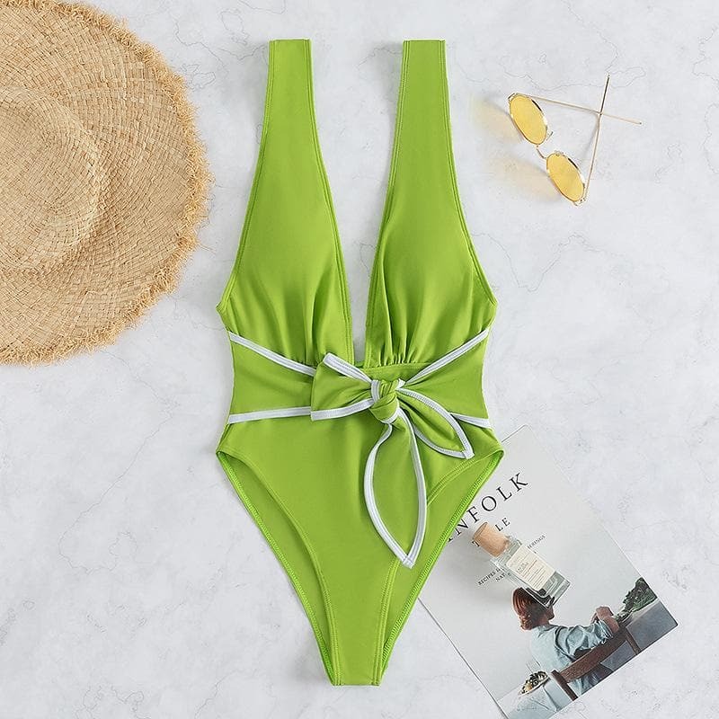 V-Neck Sleeveless Knotted Contrast One-Piece Swimwear - Y2K Aesthetic & Coquette Style