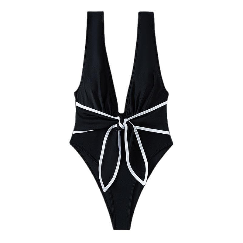 V-Neck Sleeveless Knotted Contrast One-Piece Swimwear - Y2K Aesthetic & Coquette Style