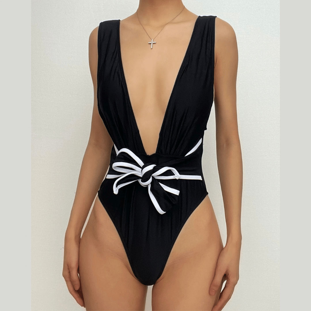 V-Neck Sleeveless Knotted Contrast One-Piece Swimwear - Y2K Aesthetic & Coquette Style