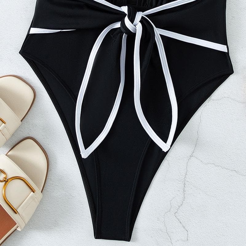 V-Neck Sleeveless Knotted Contrast One-Piece Swimwear - Y2K Aesthetic & Coquette Style