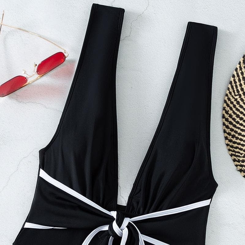 V-Neck Sleeveless Knotted Contrast One-Piece Swimwear - Y2K Aesthetic & Coquette Style