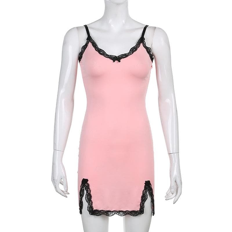 V-Neck Slit Lace Hem Bowknot Cami Mini Dress - Y2K Coquette Aesthetic Fashion