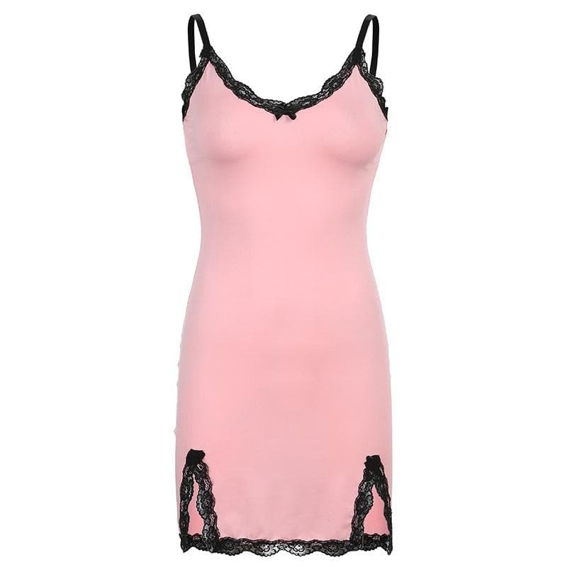 V-Neck Slit Lace Hem Bowknot Cami Mini Dress - Y2K Coquette Aesthetic Fashion