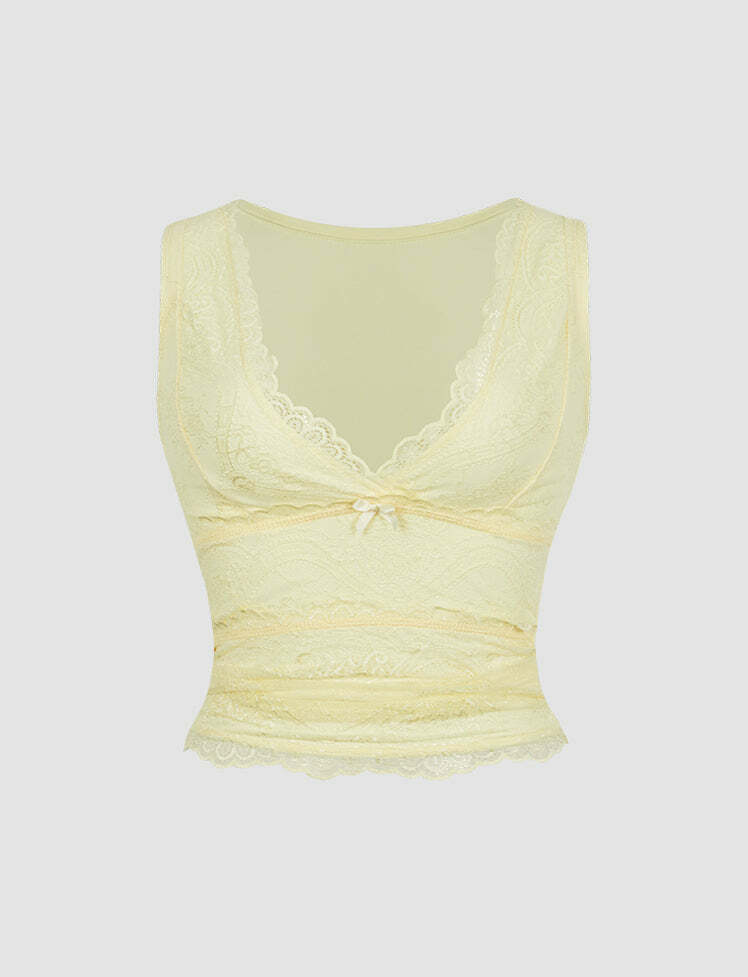 V Neck Lace Paneled Tank Top - Y2K Aesthetic Cute Top for Coquette & Grunge Styles