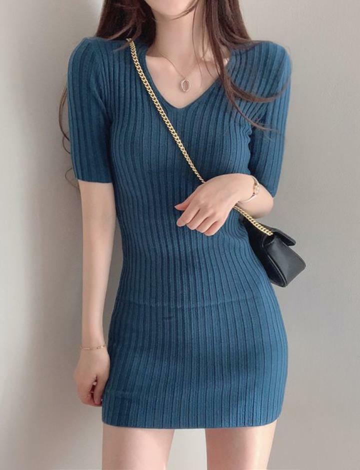 V Neck Short Sleeve Bodycon Dress - Y2K Aesthetic, Cute & Comfy for Grunge & Coquette Styles