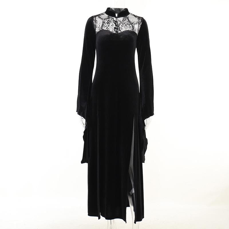 Velvet Lace Patchwork High Neck Midi Dress with Flared Sleeves & Slit - Y2K Aesthetic