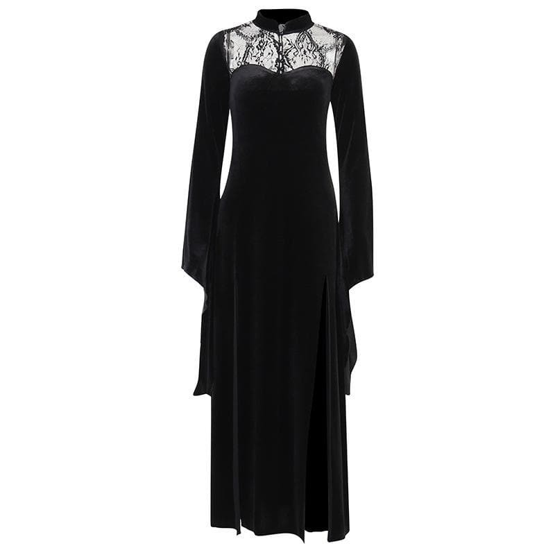 Velvet Lace Patchwork High Neck Midi Dress with Flared Sleeves & Slit - Y2K Aesthetic