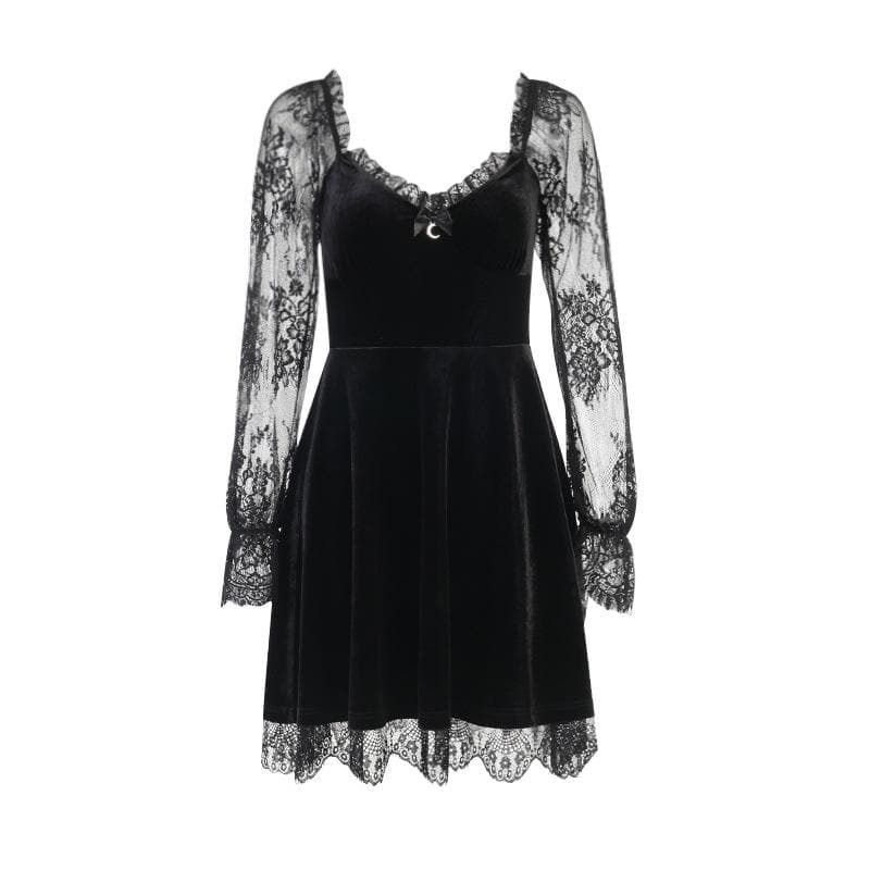 Velvet Lace Patchwork Mini Dress | Y2K Gothic Aesthetic Long Sleeve Contrast Dress