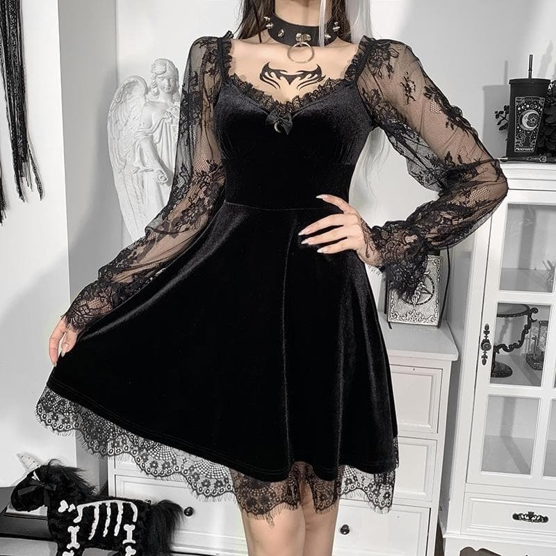 Velvet Lace Patchwork Mini Dress | Y2K Gothic Aesthetic Long Sleeve Contrast Dress