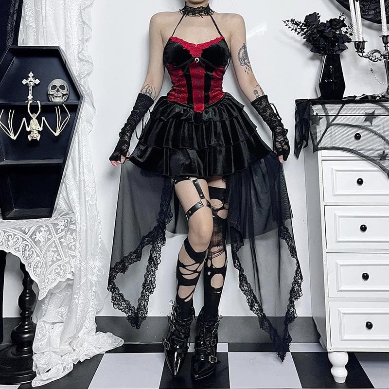 Velvet Ruched Lace Hem Mesh Mini Skirt | Y2K Grunge Aesthetic & Coquette Style Dress