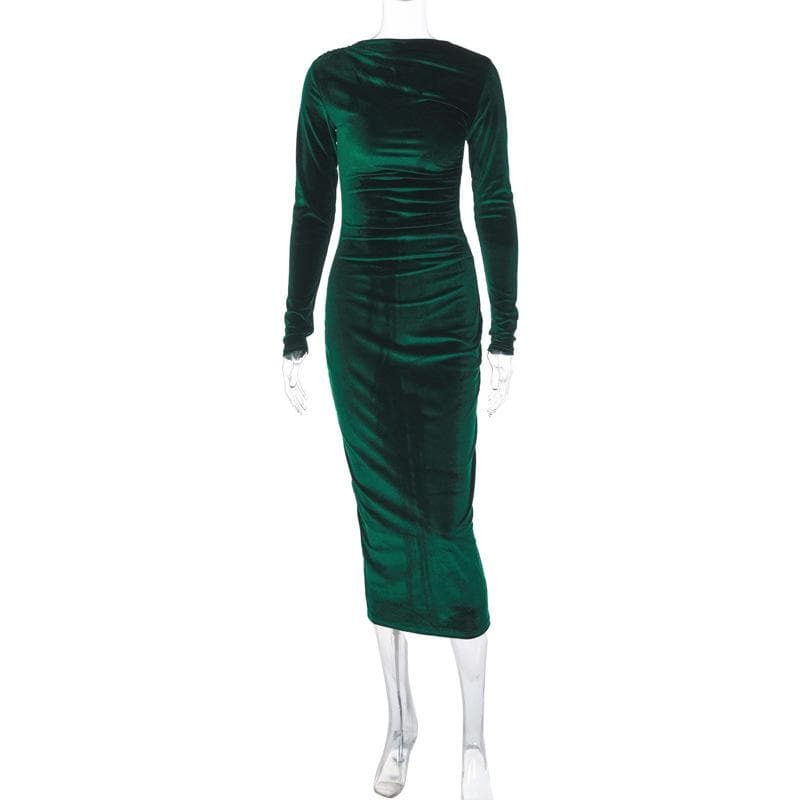 Velvet Ruched Long Sleeve Midi Dress - Y2K Aesthetic, Coquette Style, and Grunge Vibes
