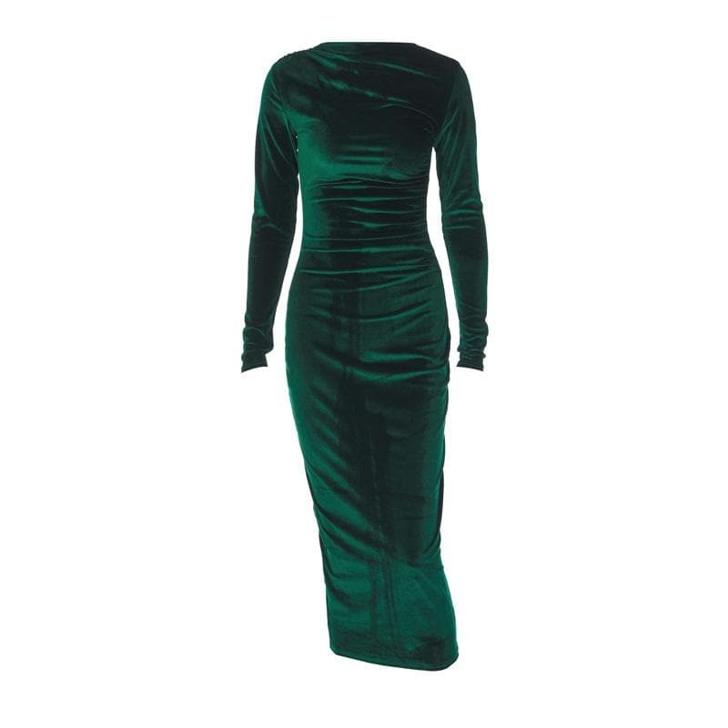 Velvet Ruched Long Sleeve Midi Dress - Y2K Aesthetic, Coquette Style, and Grunge Vibes