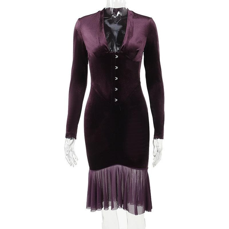 Velvet Ruffle Long Sleeve V-Neck Midi Dress - Y2K Aesthetic & Coquette Style Essential