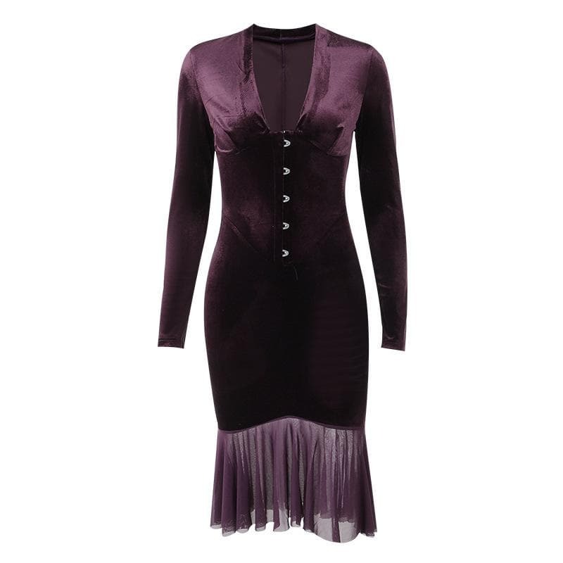 Velvet Ruffle Long Sleeve V-Neck Midi Dress - Y2K Aesthetic & Coquette Style Essential