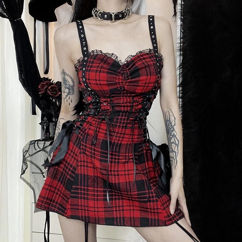 Victorian Gothic Backless Ruched Lace Hem Plaid Zip-Up Mini Dress | Y2K Grunge Aesthetic
