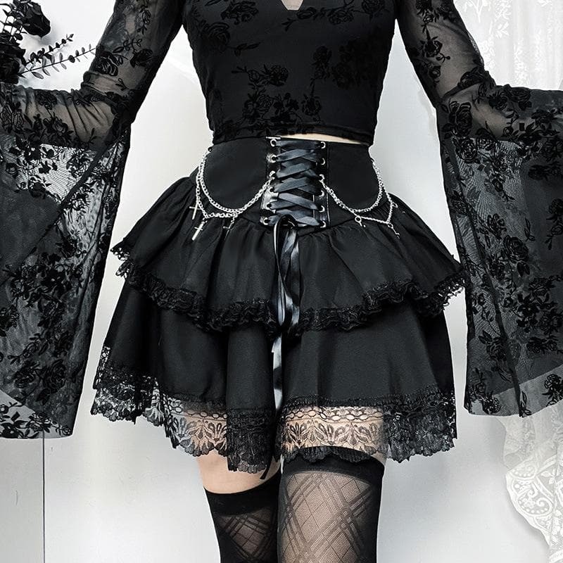 Victorian Gothic Ruched Lace Hem Mini Skirt with Metal Chain - Y2K Grunge Aesthetic